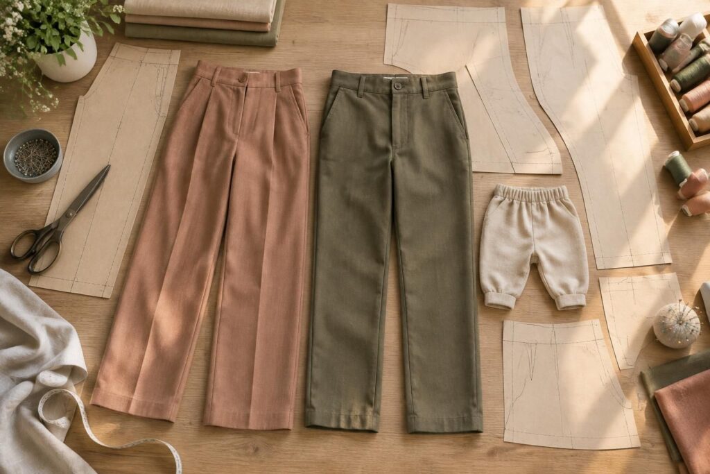 téléchargez gratuitement des patrons de pantalon pour femme, homme et bébé. des modèles pratiques à coudre, adaptés à tous les niveaux.