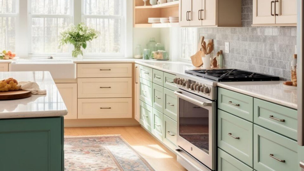 Cuisine lumineuse avec un tapis devant le plan de travail